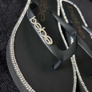bebe Black Flip Flops with Silver Rhinestone Trim  size 5/6